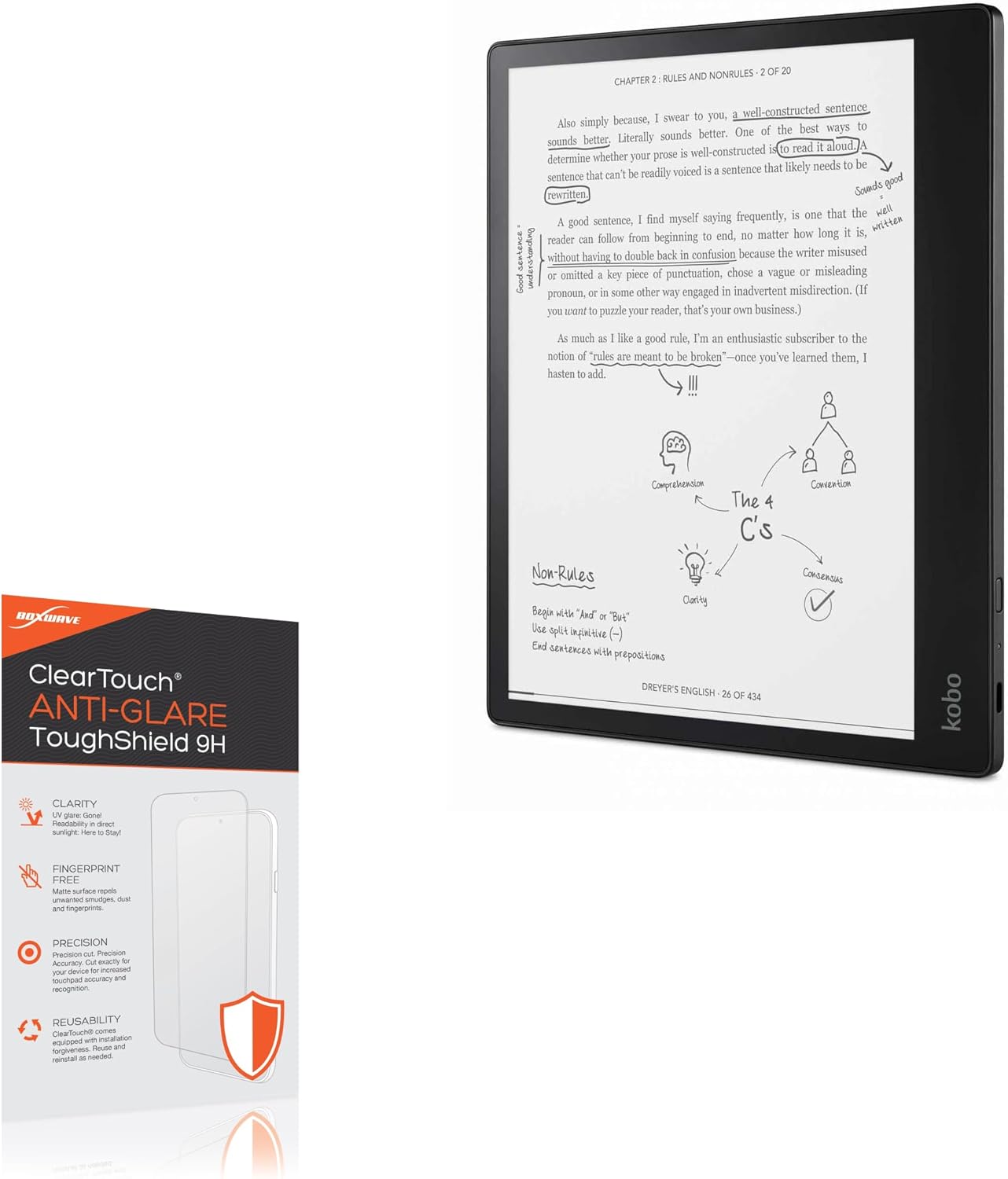 BoxWave Screen Protector Compatible with Kobo Elipsa - ClearTouch Anti-Glare ToughShield 9H (2-Pack), Anti-Glare 9H Tough Flexible Film Screen Protector