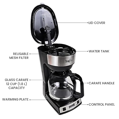 Vista 6 de Total Chef Cafetera de goteo – Máquina de café programable de 12 tazas con olla de vidrio, cerveza regular y audaz, depósito de agua grande