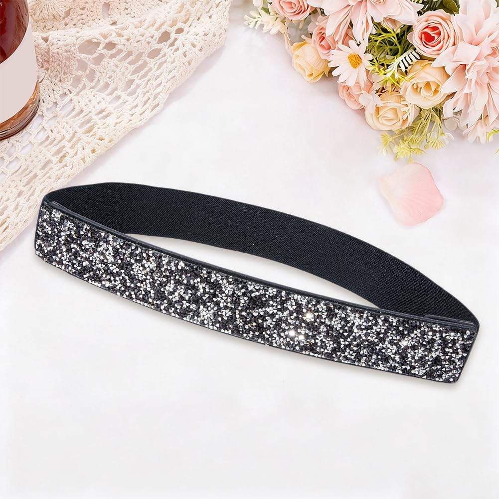 Glitter Elastic Belt Rhinestone Shiny Sash Flat Wide Waist Band Belts PU Leather Stretch Waistband for Women