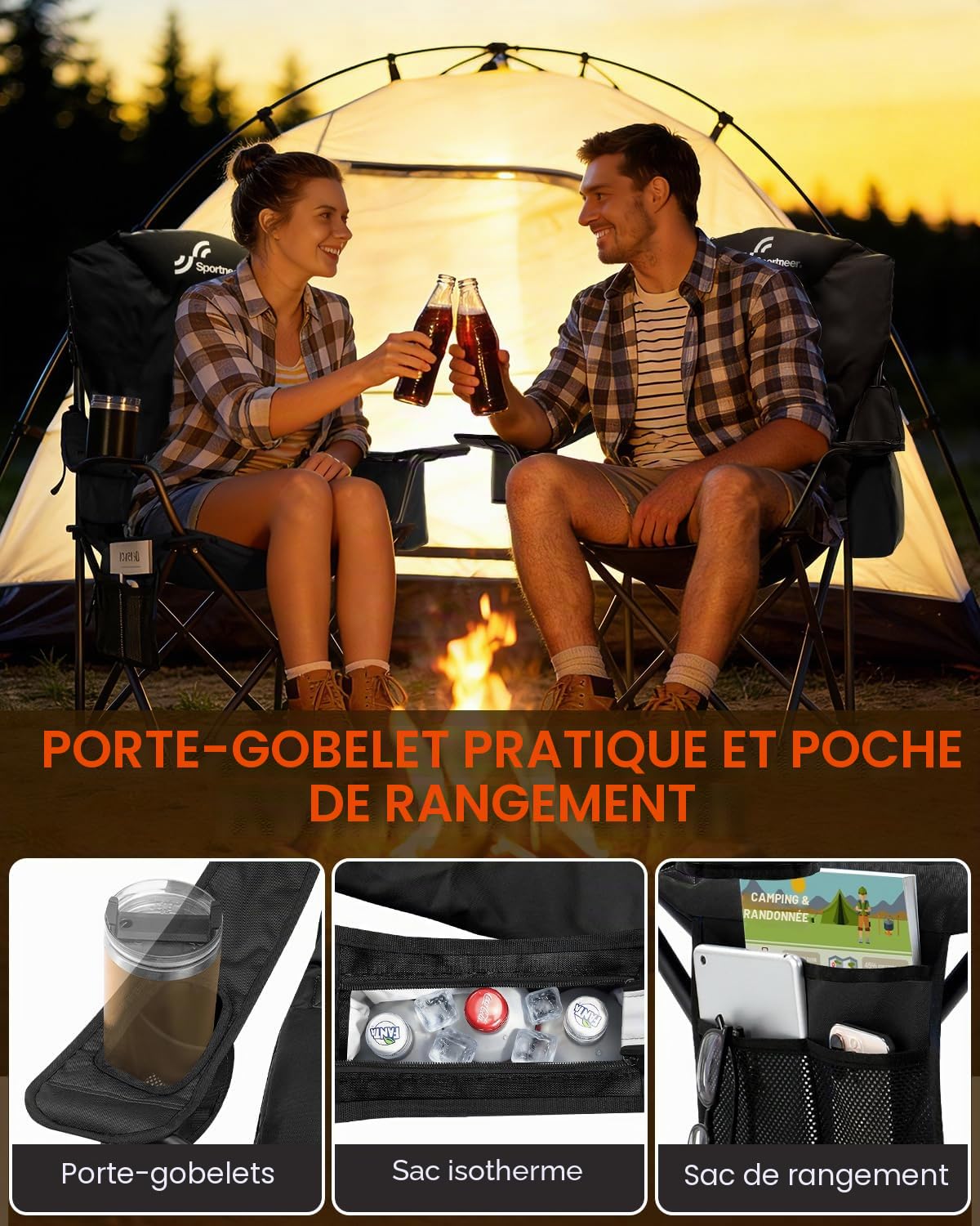 Sportneer Chaise de camping pliante : chaise pliante de camping jusqu'à 160 kg 3 angles réglables Chaise de camping Chaise de pêche avec dossier, appui-tête et sac de transport, chaise pliante camping