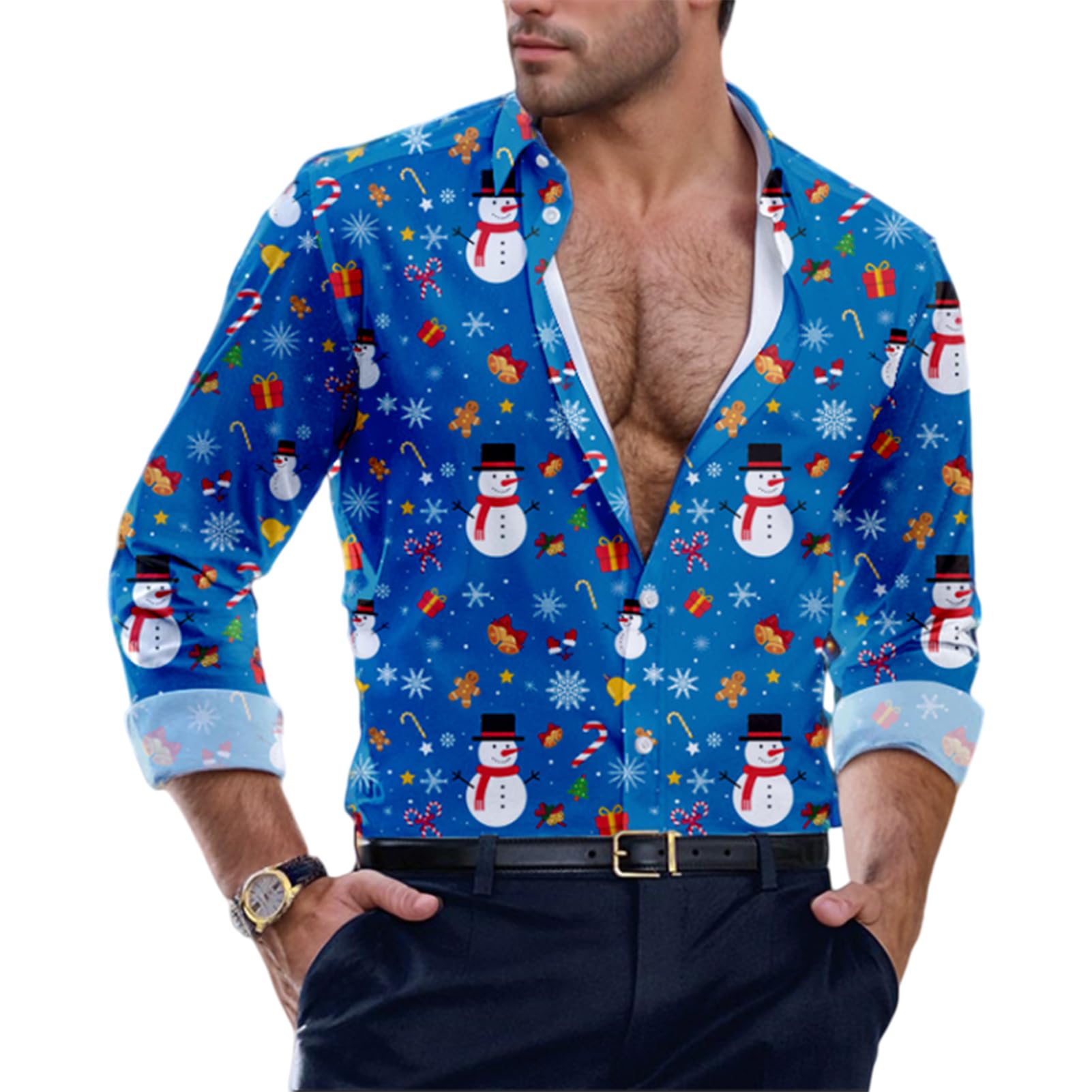 Mens Christmas Shirt 3D Printed Santa Claus Shirts Funny Ugly Long Sleeve Button Down Xmas Shirt Snowman Elf Reindeer Hawaiian Costume Festive Holiday Party(Blue - Image 3