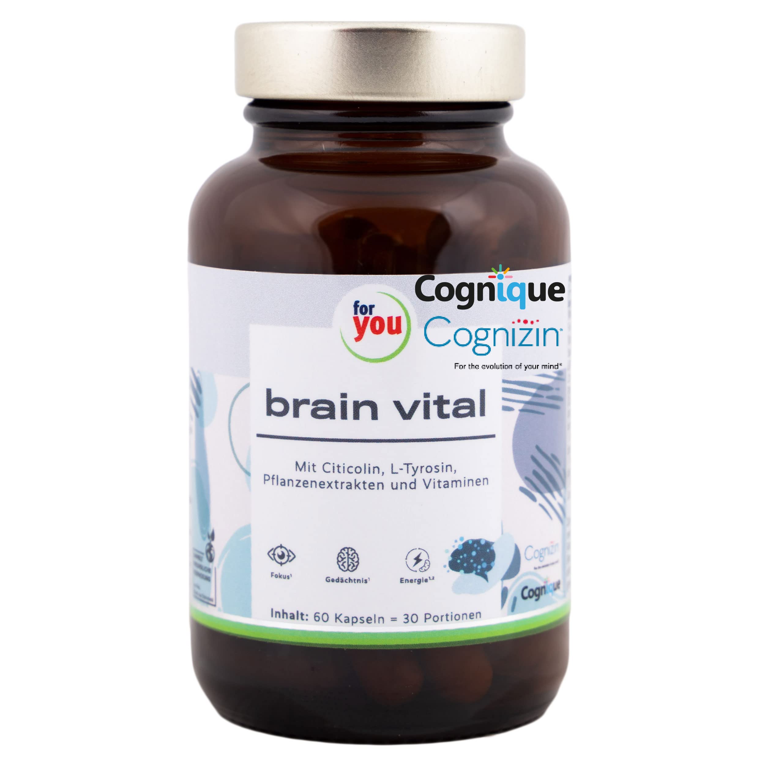 for you brain vital 60 Konzentrations Kapseln - Brain Booster mit Citicolin (Cognizin®), Cognigue® - Sekundäre Pflanzenstoffe & Ginseng - Vegan, ohne Zusatzstoffe - ohne Koffein für mehr Focus