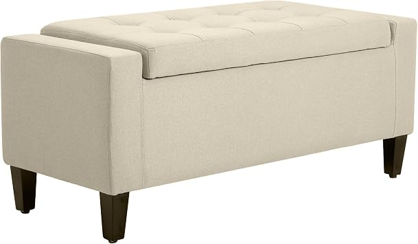 HOMCOM 36" Ottoman with Storage, Lift Top Rubberwood Legs 330 lb Beige | Storage Ottoman Bench, Linen Upholstered Entryway Seat, Living Room, Bedroom