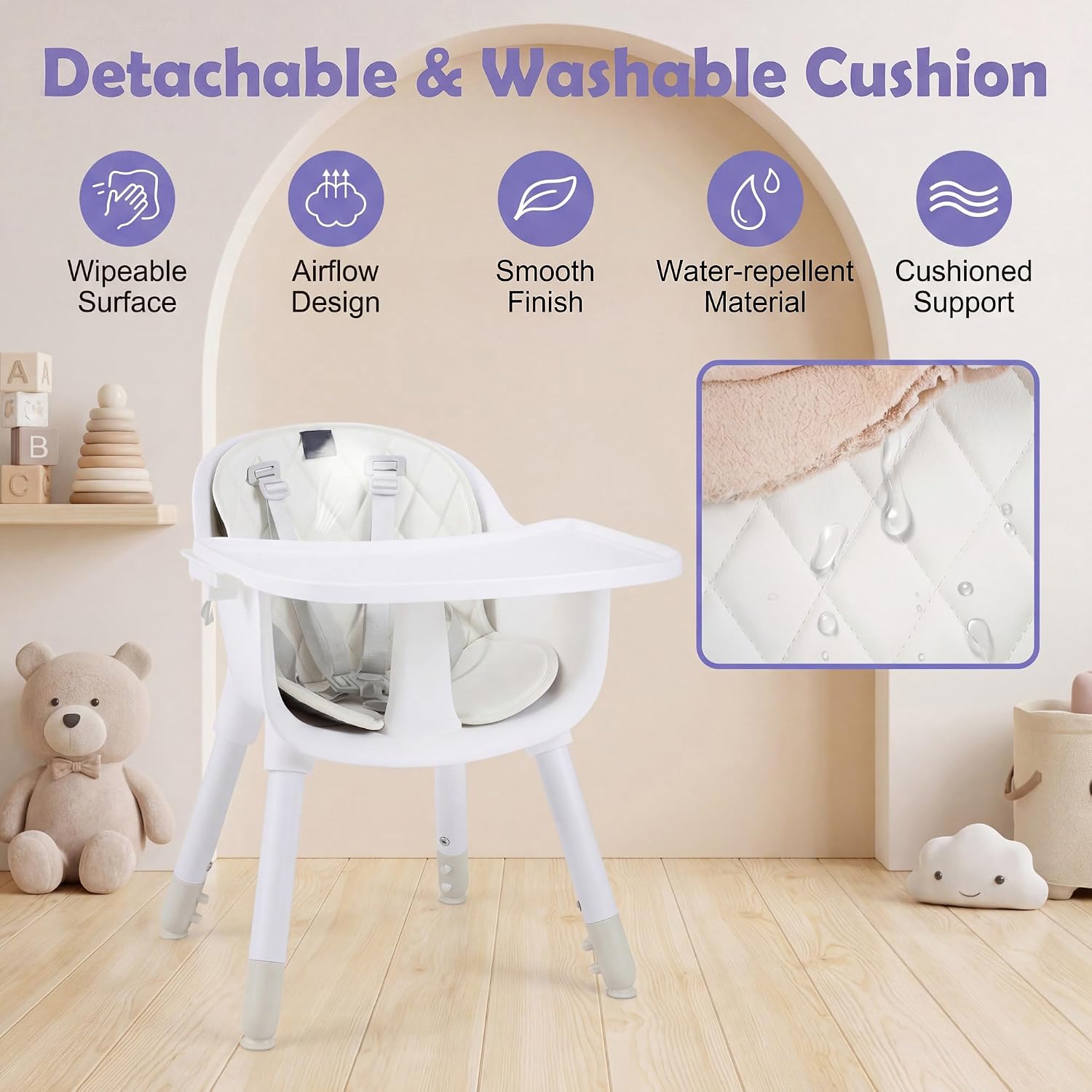 HONEY JOY 5-in-1 High Chair, Convertible Highchair for Babies and Toddlers/Kids Chair Table Set/Infant Feeding Chair w/Safety Harness, PU Leather Cushion & Removable Food Tray (White) thumbnail