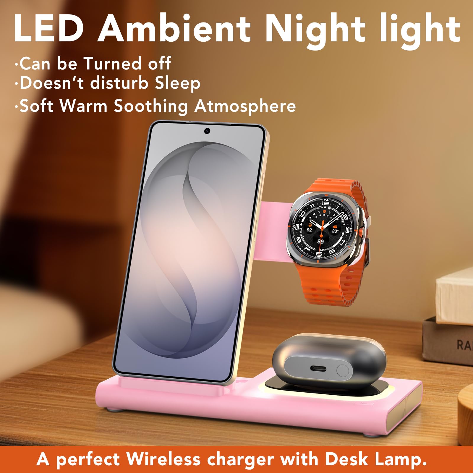 Stazione di ricarica 3 in 1 per Samsung, pieghevole e luce notturna, stazione di ricarica induttiva per Samsung S26/S25/S24/S23/ZFlip/Fold, caricabatterie wireless per Samsung Galaxy Watch Ultra/8/7/6