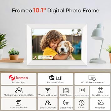 Miroir 10.1 Inch WiFi Digital Photo Frame via Frameo App, 1280x800 HD IPS Touch Screen Electric Picture Frame Display, 32GB Storage, Auto-Rotate, Wall Mountable, Share Photos/Videos Instantly