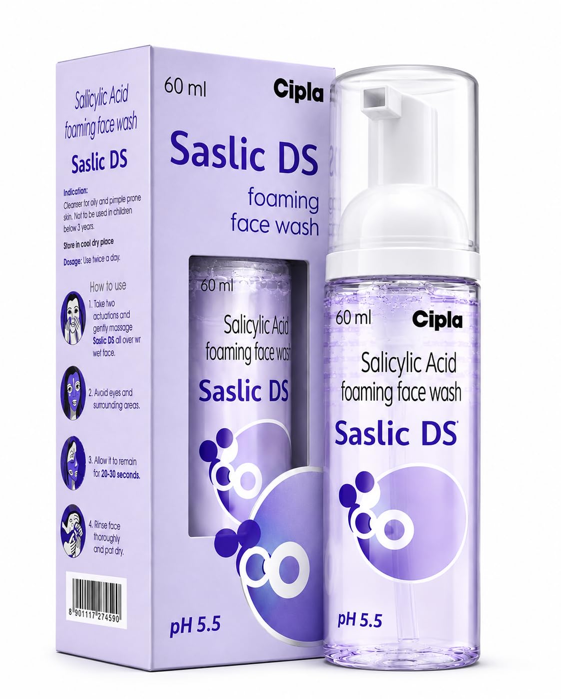 Cipla Saslic DS Foaming Face Wash 60 ml - Image 1