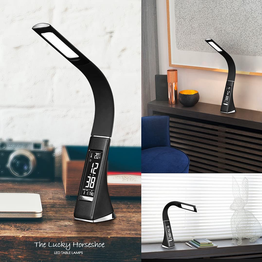 Lámpara de escritorio LED de cuello de cisne flexible con calendario de reloj y temperatura, ideas de regalo de oficina, lámpara de mesa táctil regulable con 3 niveles de brillo, luz moderna para 3