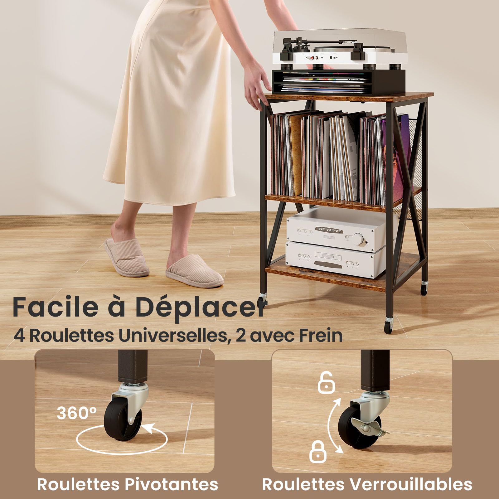 GOPLUS Meuble Platine Vinyle à 3 Niveaux avec Station de Charge, Roulettes Verrouillables, Cadre en Métal, Table d'Appoint pour 250 Vinyles pour Salon, Bureau, 52x45x75cm (Marron Rustique)