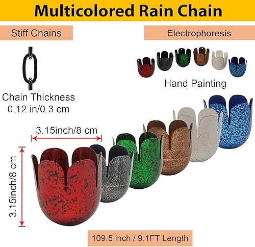 Miniatura 3 de Cadenas de lluvia multicolor de 8.5 pies para canalón y barril de lluvia, cadena de lluvia de hierro chapado resistente al óxido, reemplazo