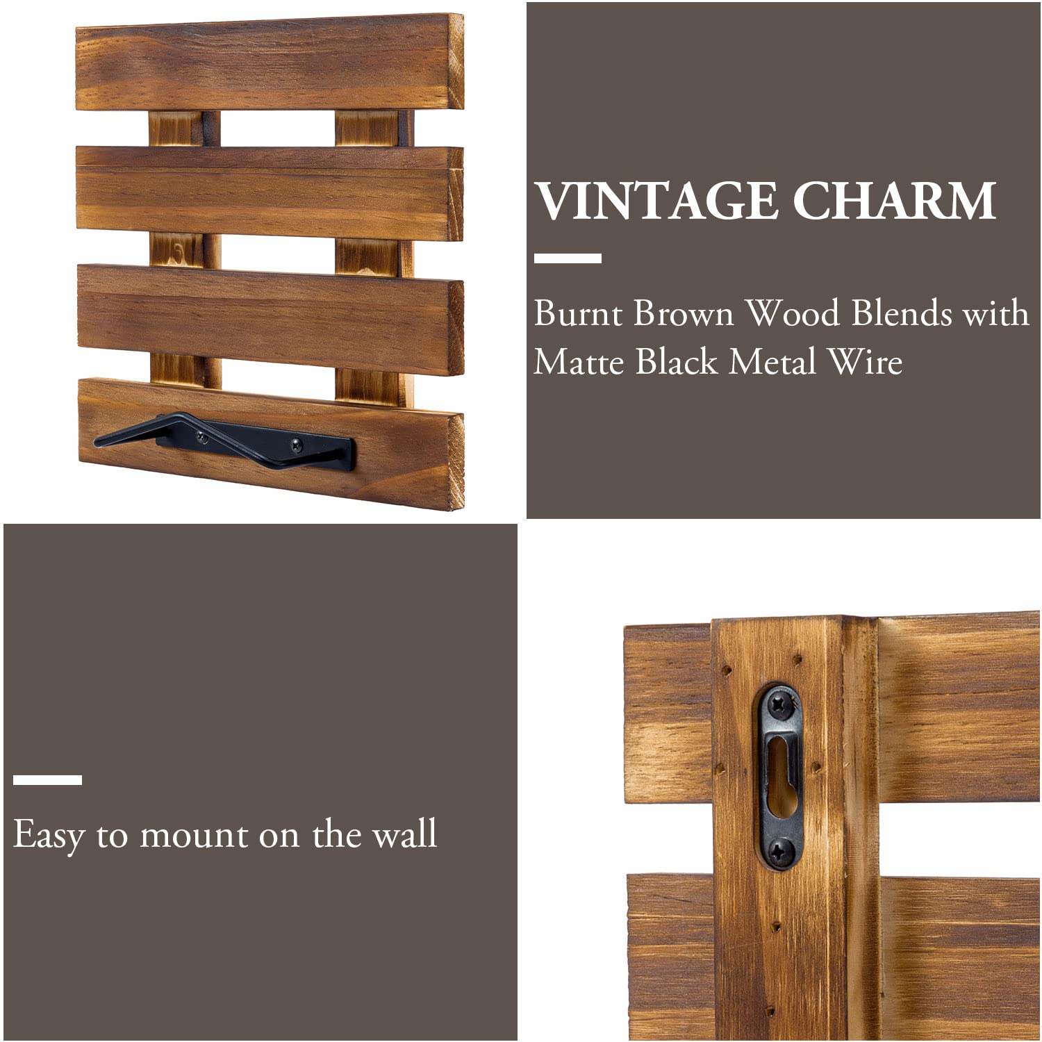 MyGift Set of 2 Rustic Burnt Solid Wood and Black Metal Wire Wall Mounted 8 Inch Plate Display Rack with Crate Design Dish Collector - Holds Single Saucer Platter