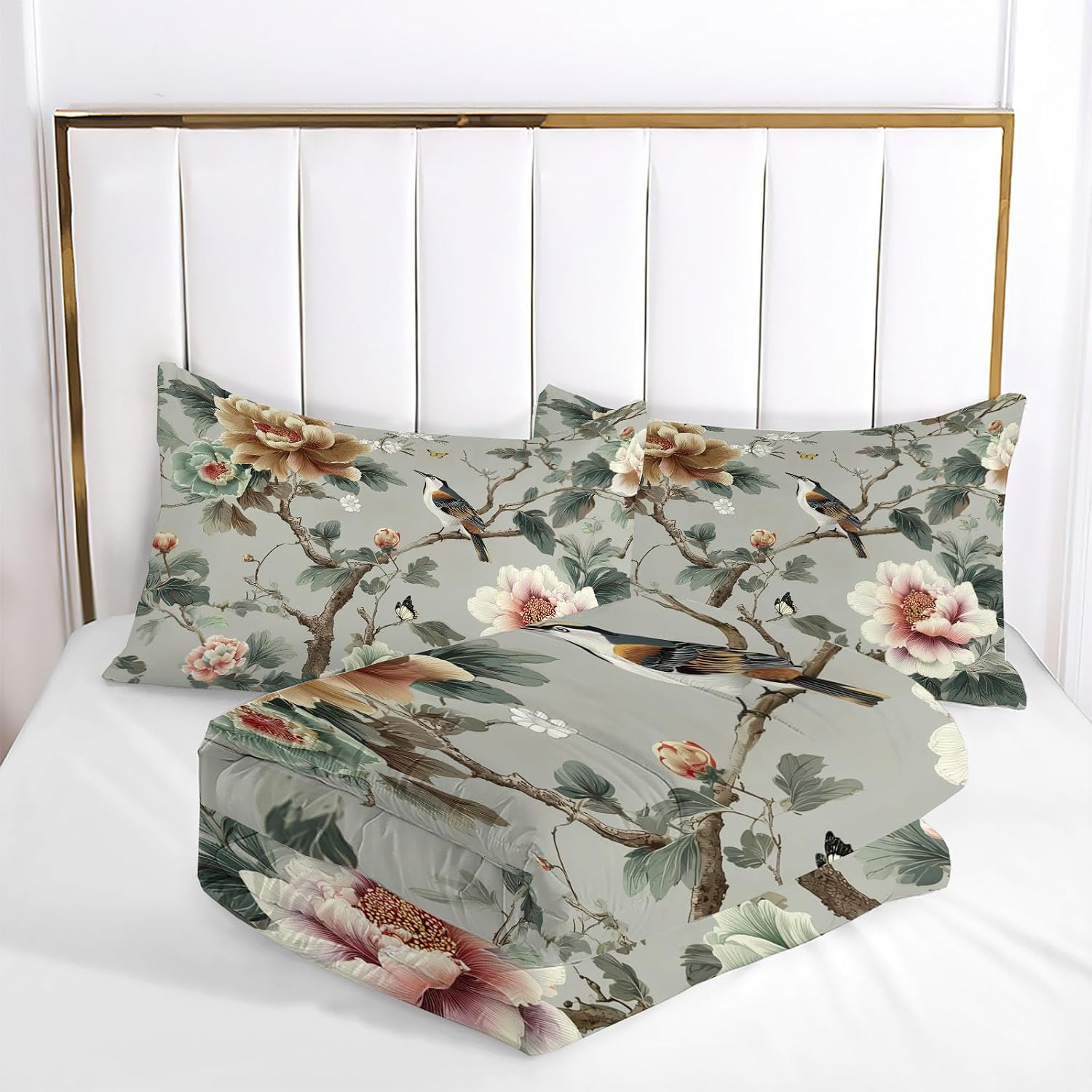 Traditional Chinese Comforter Set Queen Size, Flowers Birds Branches and Leaves Bedding Set for Girls Boys, Green Quilt Bed 90"X90" Bedding Comforter Sets with 2 Pillowcase Room Decor