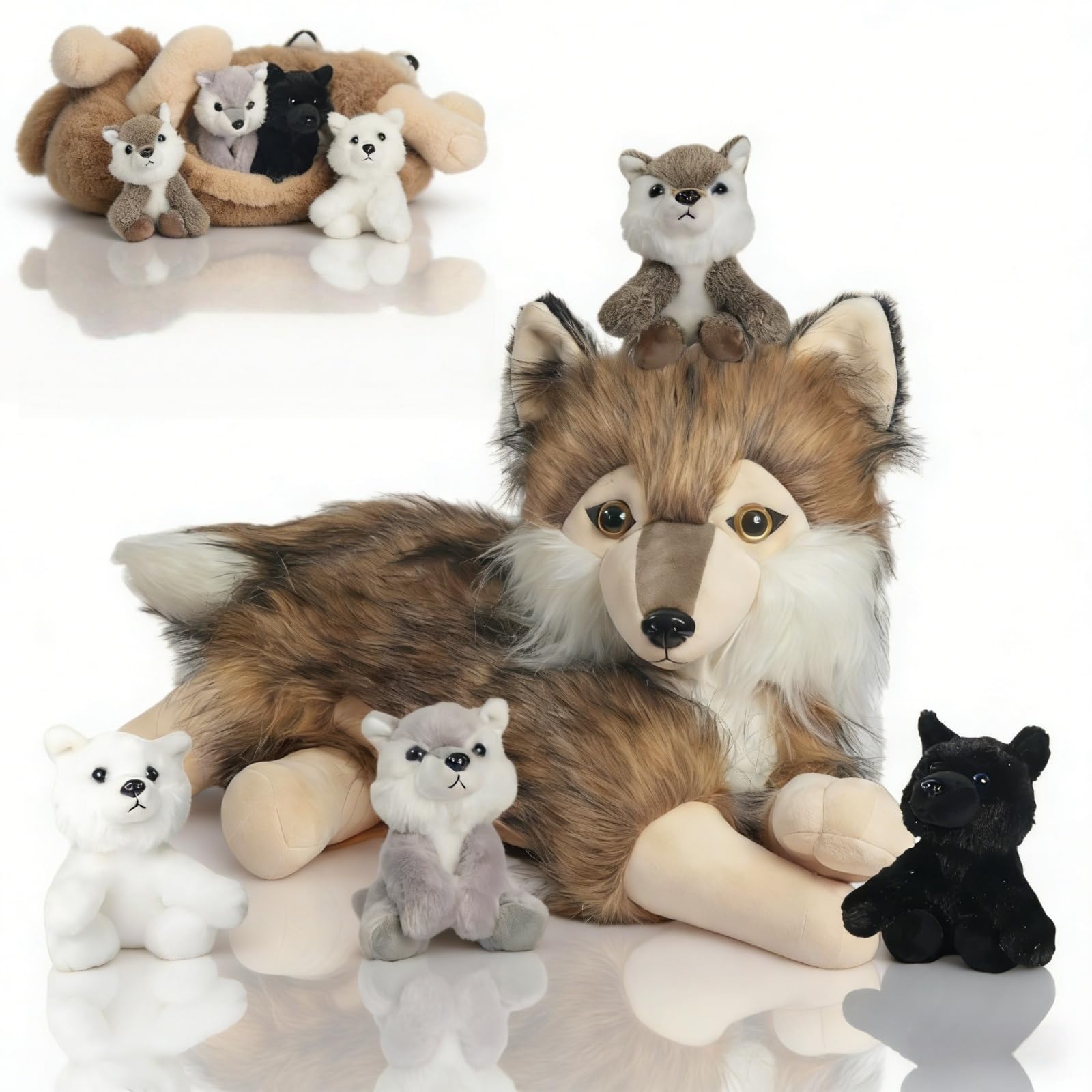 5 Pcs Wolf Stuffed Animal Plush Set 16 Inch Mommy Large Stuffed Wolf Plush with 4 Babies Wolves