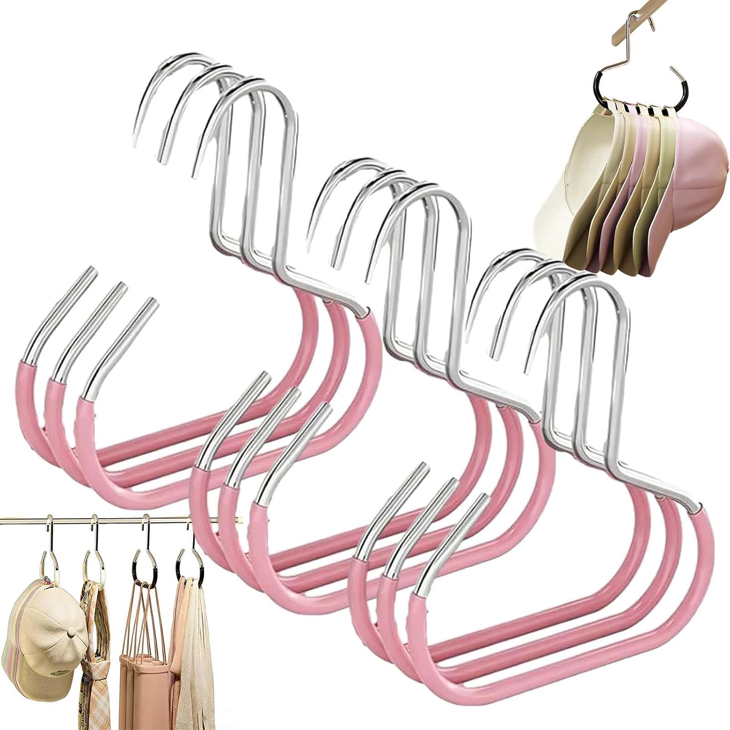 Durable Steel Hangers: Maximize Closet Space with Versatile Storage, Stainless Scarf Baseball Caps Hat Hooks for Closet, Multifunctional Space-Saving Steel Hat Rack for Hats, Belts (9PCS,Pink)