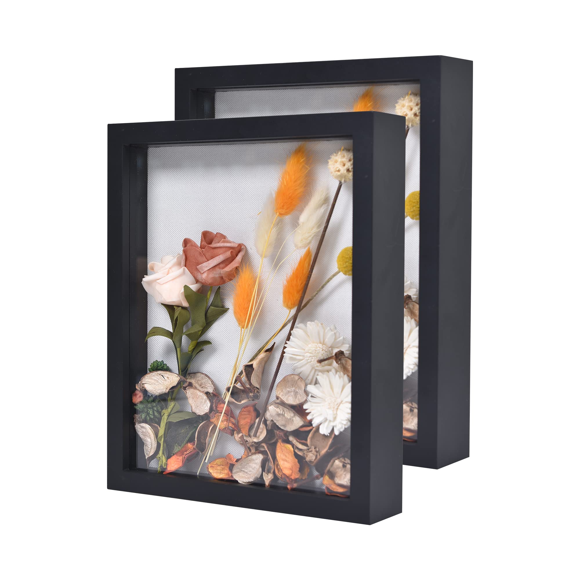 Photo 1 of Podronale 8x10 Wooden Shadow Box Frame - 2pcs 1.2in Depth Display Memory Picture Frames Case Set for Flowers, Medal, Artwork, Collection and Photos - Cloth & HD Tempered Glass (Black) Black 8x10-2pcs