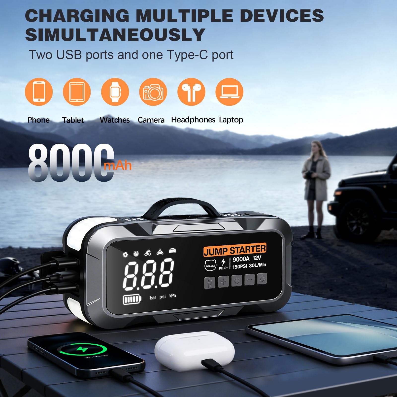 Avviatore Di Emergenza 9000a Potenziato, 22 Cilindri, Gonfiaggio Rapido In 90 Secondi, Con Illuminazione A Led, Chip Ai, 12v, Compressore D'Aria Da 150 Psi, Per Veicoli Diesel e Auto
