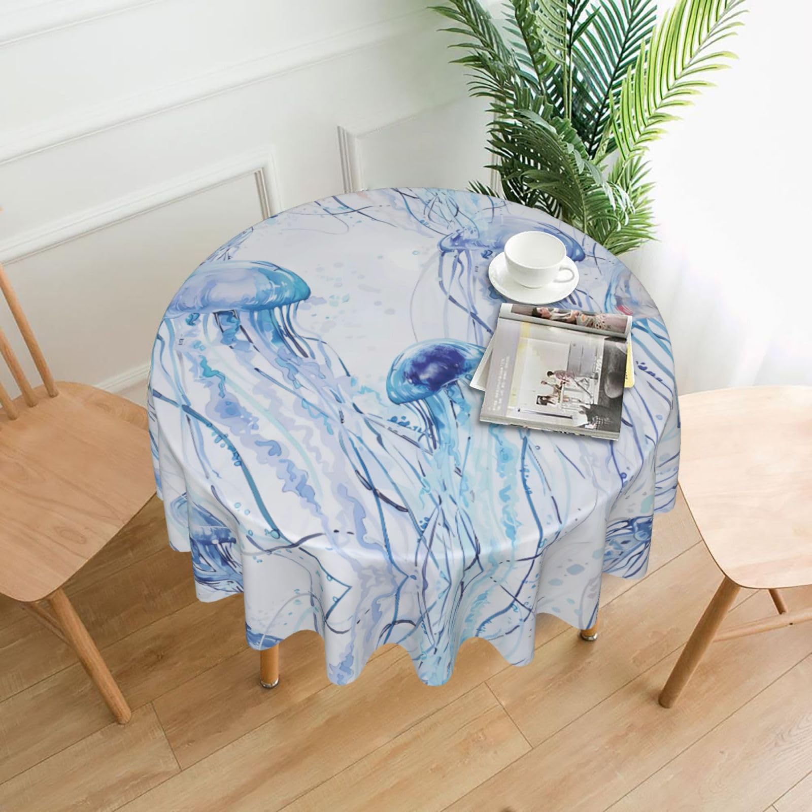 Hjfczh Black Jellyfish Prints Round Table Throw 60 Inch - Waterproof Table Cover - Soft & Wrinkle Resistant Decor Layer For Dinners, Parties & Everyday Use