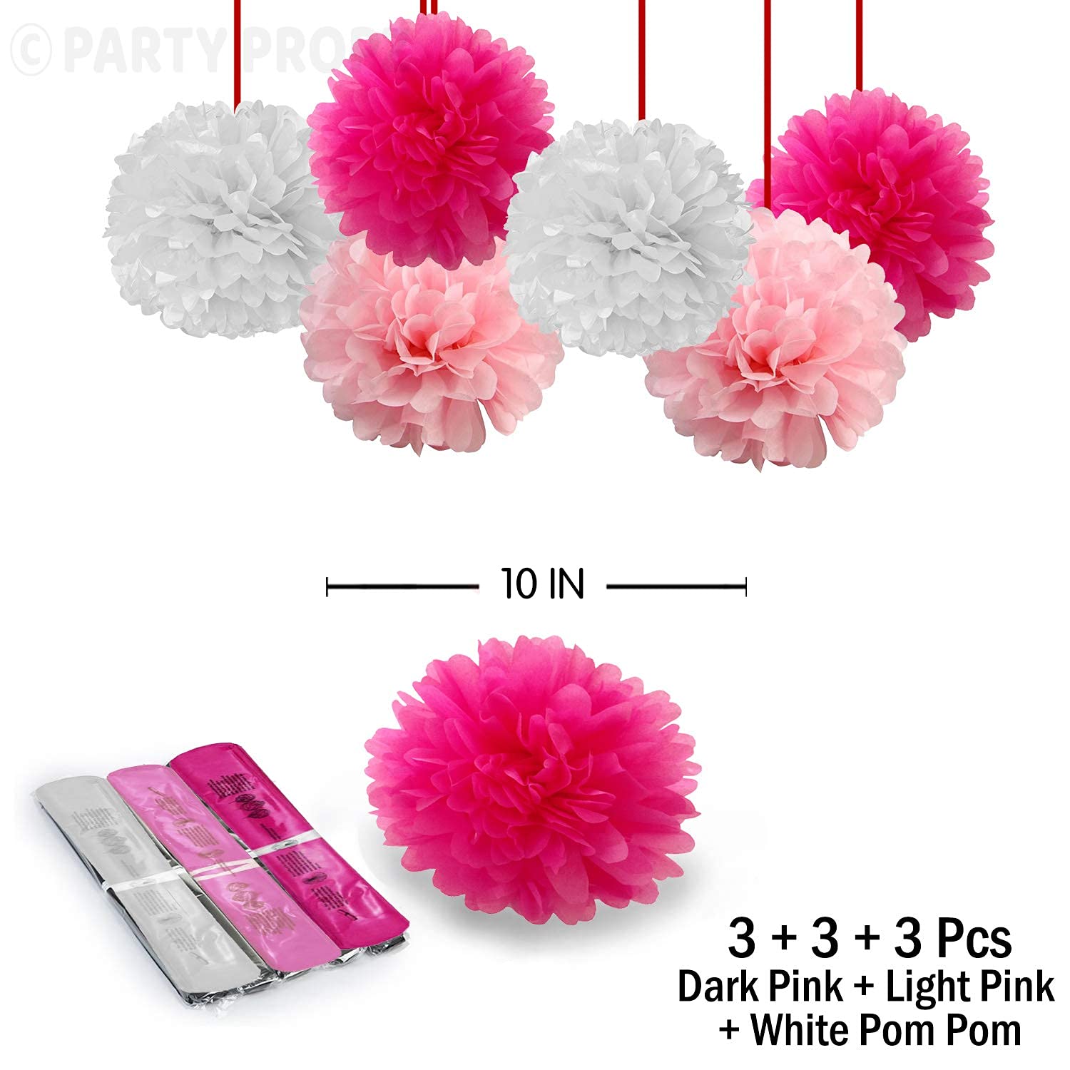 Party Propz Pom Pom for Birthday Decoration - 9 Pcs Birthday Decorations Items for Girls Pom Pom Decor | Paper Flower for Backdrop Decoration