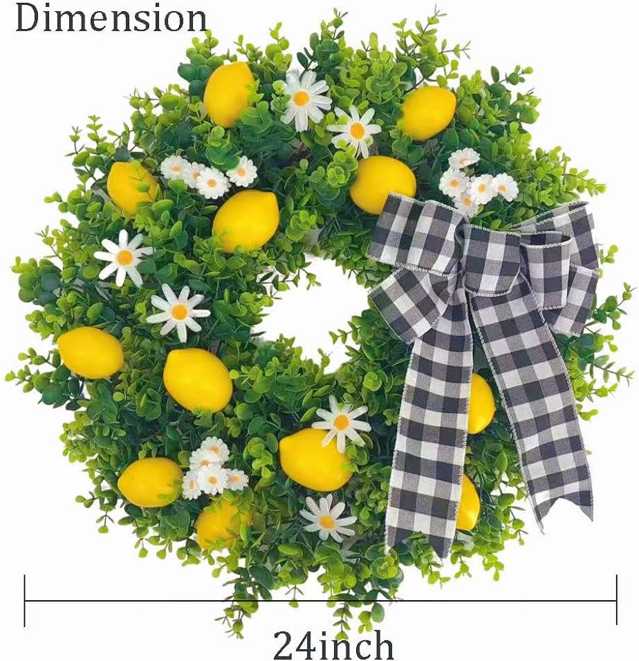 24 Inch Lemon Wreath for Front Door, Spring Summer Wreath for Front Door Wall Window Farmhouse Festival Porch Patio Garden Decor