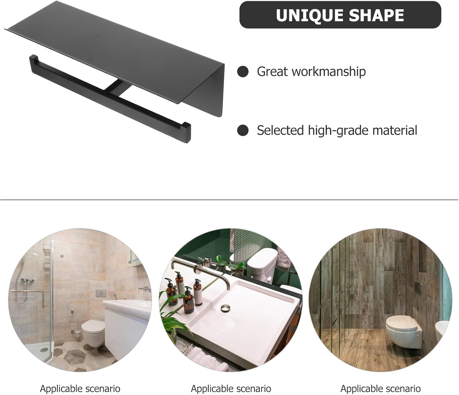 Stainless Steel Wall-Mounted Toilet Paper Holder Double Roll Dispenser Black No-Drill Bathroom Tissue Rack with Phone Shelf for Bathroom Storage