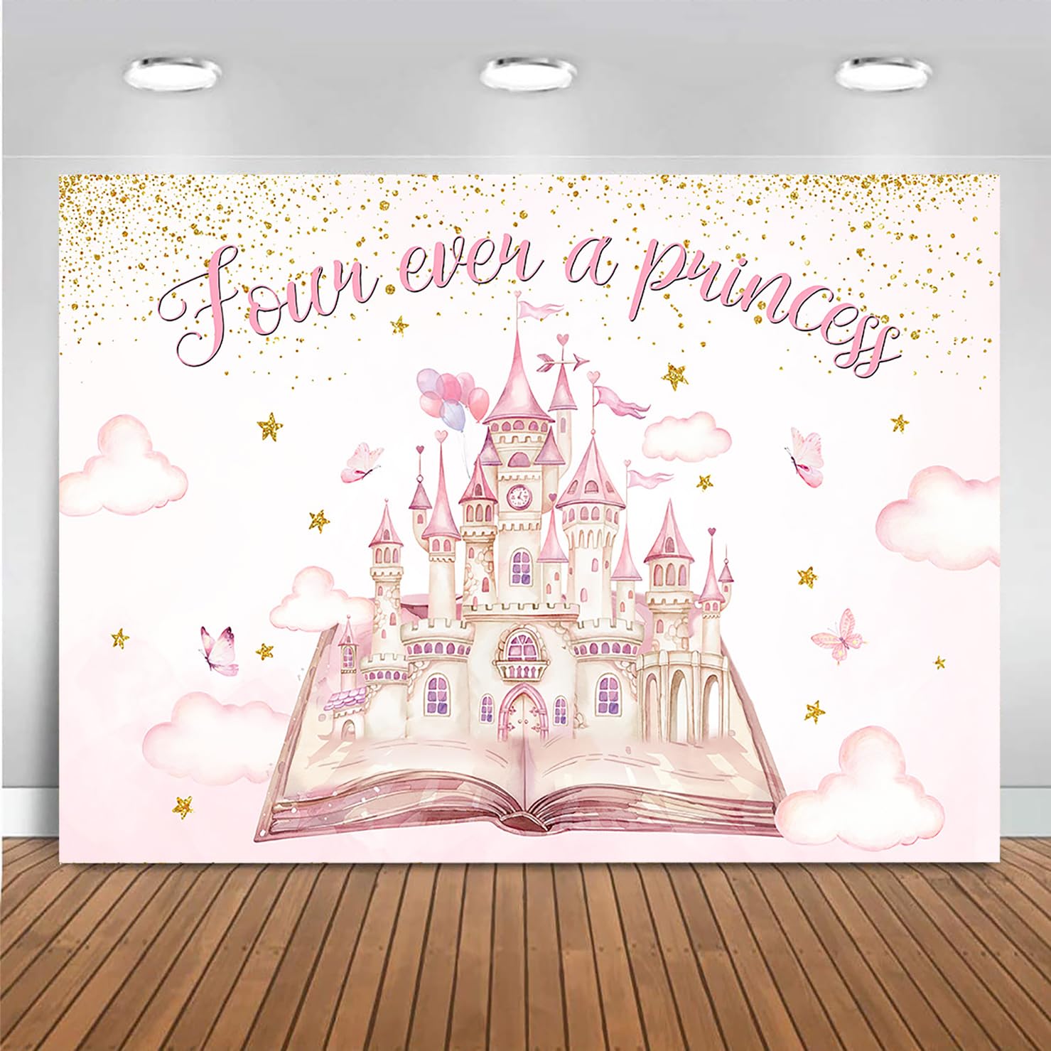 Mocsicka 4th Birthday Backdrop 7x5ft Four Ever a Princess Castle Party Decorations Girls Pink Gold Glittle Happy 4th Birthday Banner Background Photo