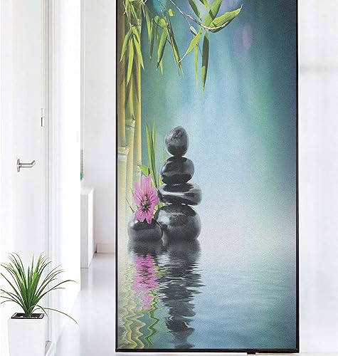 Película de ventana con patrón de spa, piedra de torre e hibisco con bambú sobre el agua, fondo borroso, película para oficina en casa, puerta de