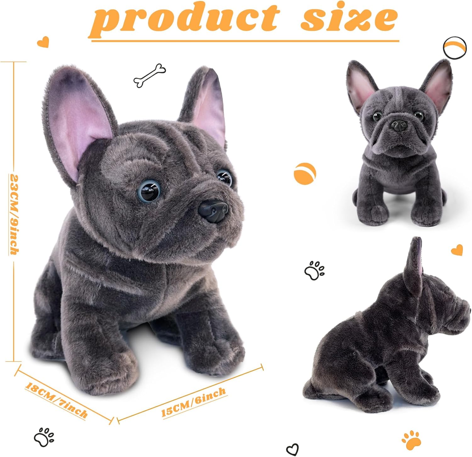 Bulldog Stuffed Animals Realistic Dog,9" Dog Stuffed Animals Soft Cuddly Gray Bulld og Stuffed D og Plush,Puppy Plush Toys for Kids Girls Boys Huggable & Washable - Image 2