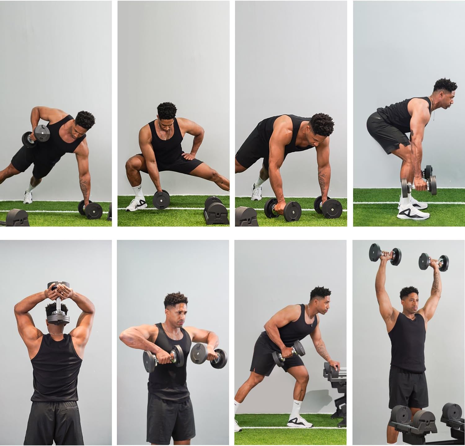 Collage of a person performing various exercises with the SNODE AD85 Adjustable Dumbbells.