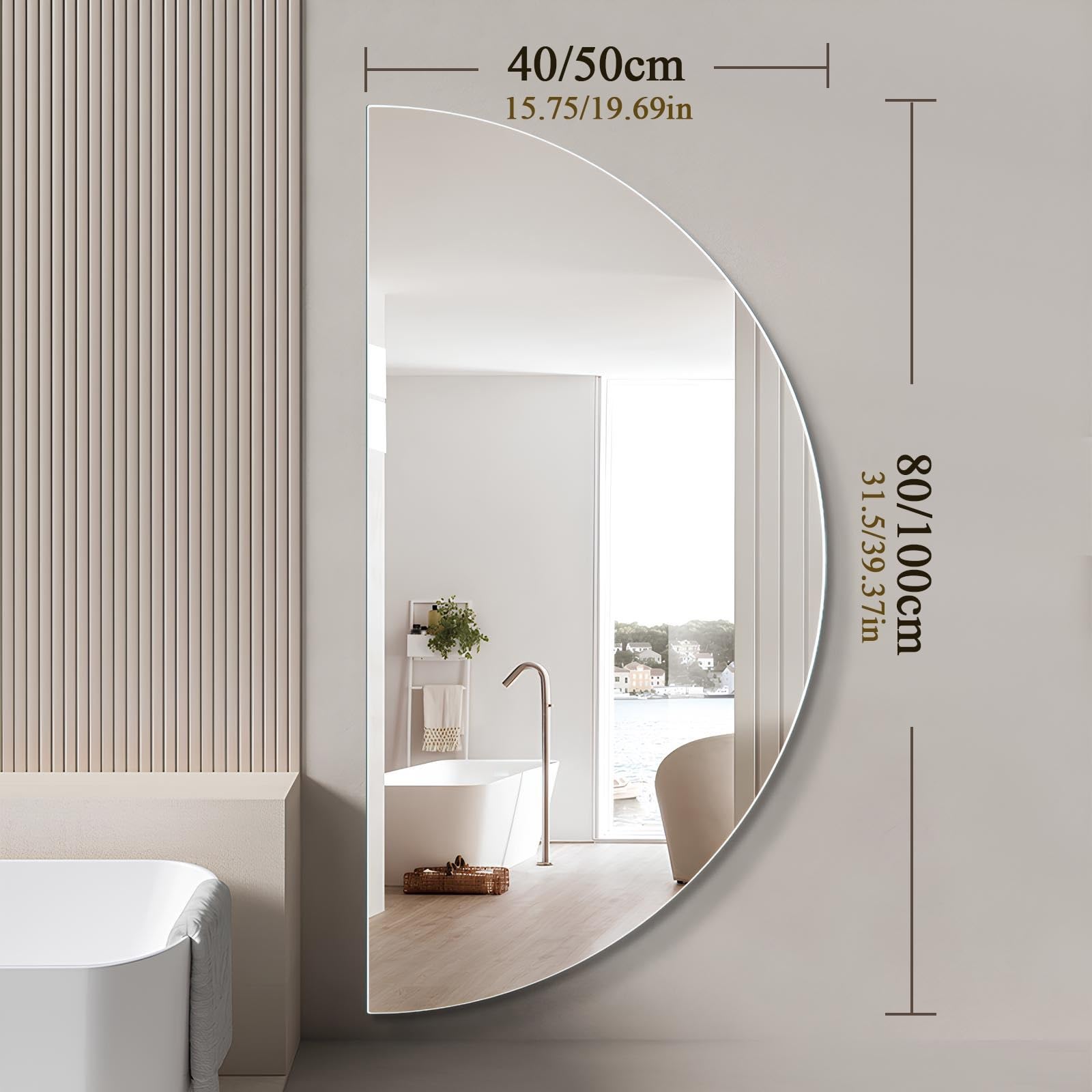 Specchio da Trucco Semicircolare da 40 * 80 Cm per Camera da Letto Ingresso Soggiorno Specchio da Bagno Antideflagrante Senza Cornice Impermeabile da Appendere(40 * 80cm/15.75 * 31.5in)
