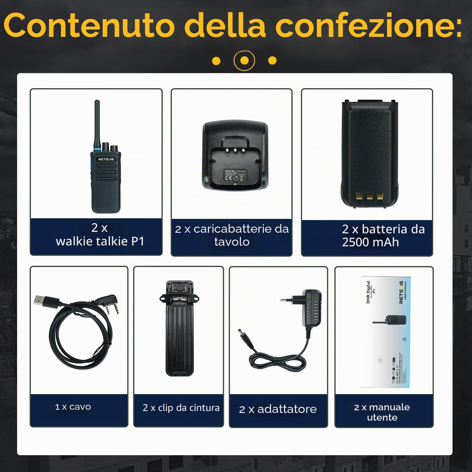 Retevis P1 Walkie Talkie Lungo Raggio, Professionali Ricetrasmittenti DMR Superhet, 2500mAh, Registrazione di 260 ore, Walkie-Talkie per Produzione, Logistica (Nero, 2 Pezzi) | 2500mAh, Registrazione 260 Ore, Superhet, per Produzione e Logistica, Nero, 2