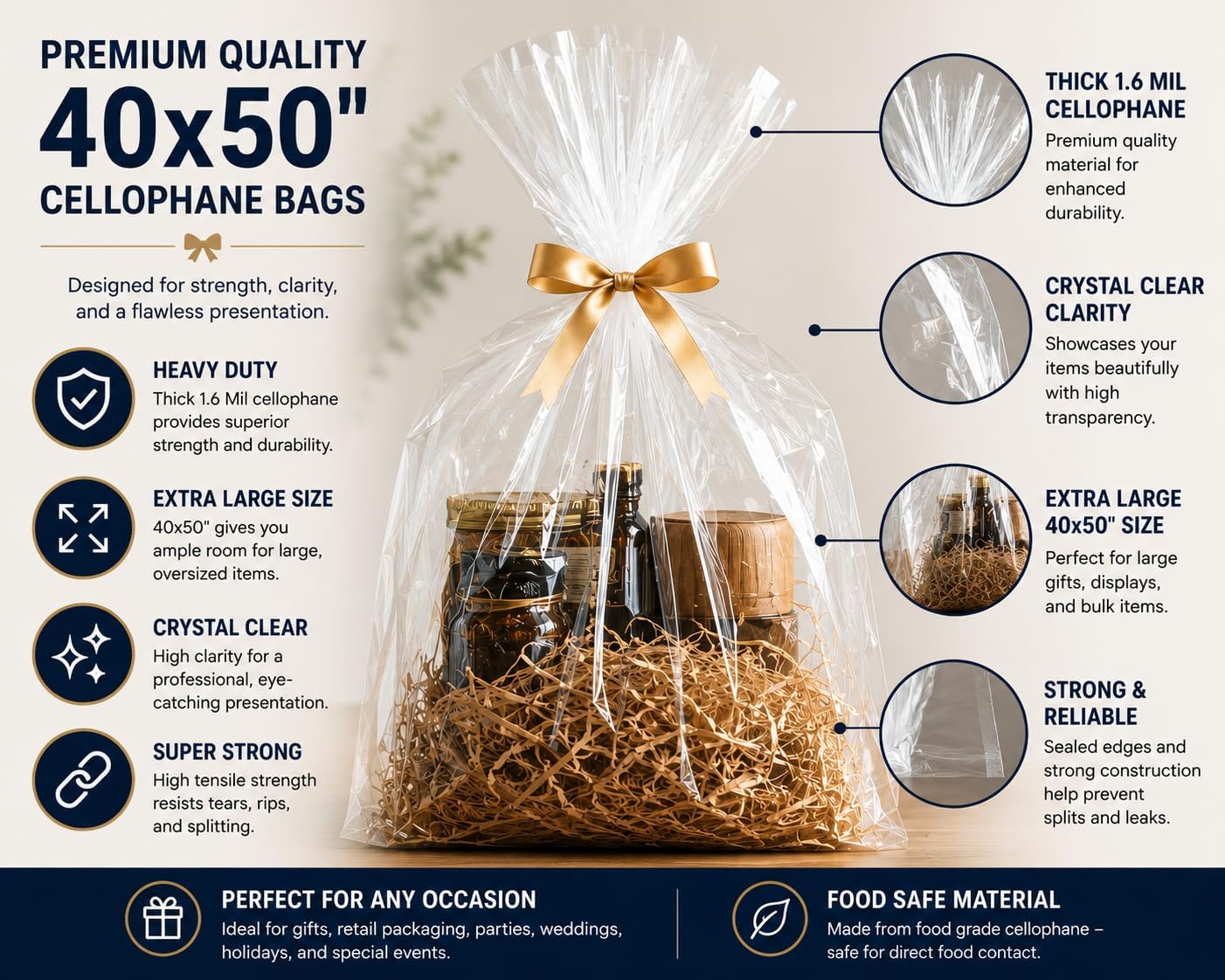 40 x 50 Inch Clear Cellophane Bags for Gift Baskets, Pack Of 5 Extra Large Heavy Duty Cello Wrap Bags, Crystal Clear Basket Bags for Hampers, Silent Auction Baskets, Wedding Gifts, Retail Packaging & Storage – 1.5 Mil Thick