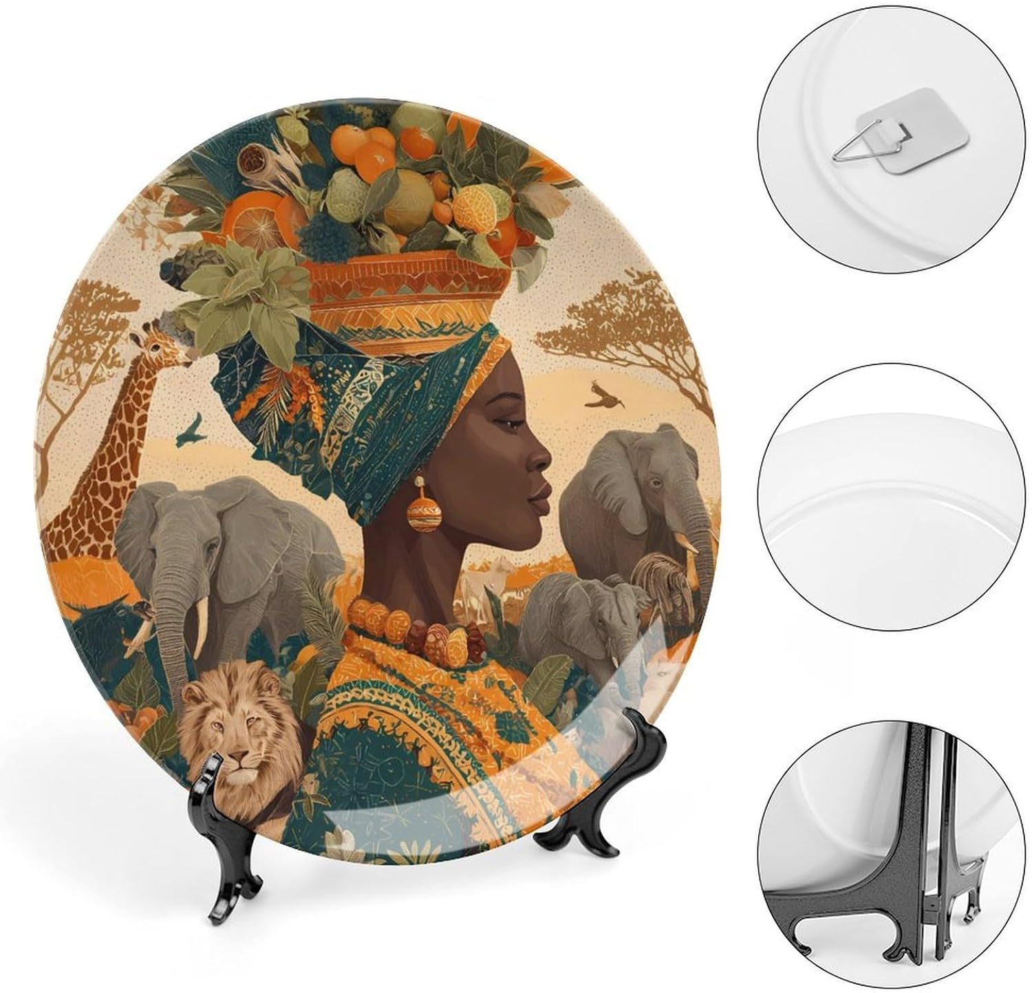 Savanna African Woman Animal World Decorative Plates for Display Ceramic Plate Tray with Stand Hanger Home Decor