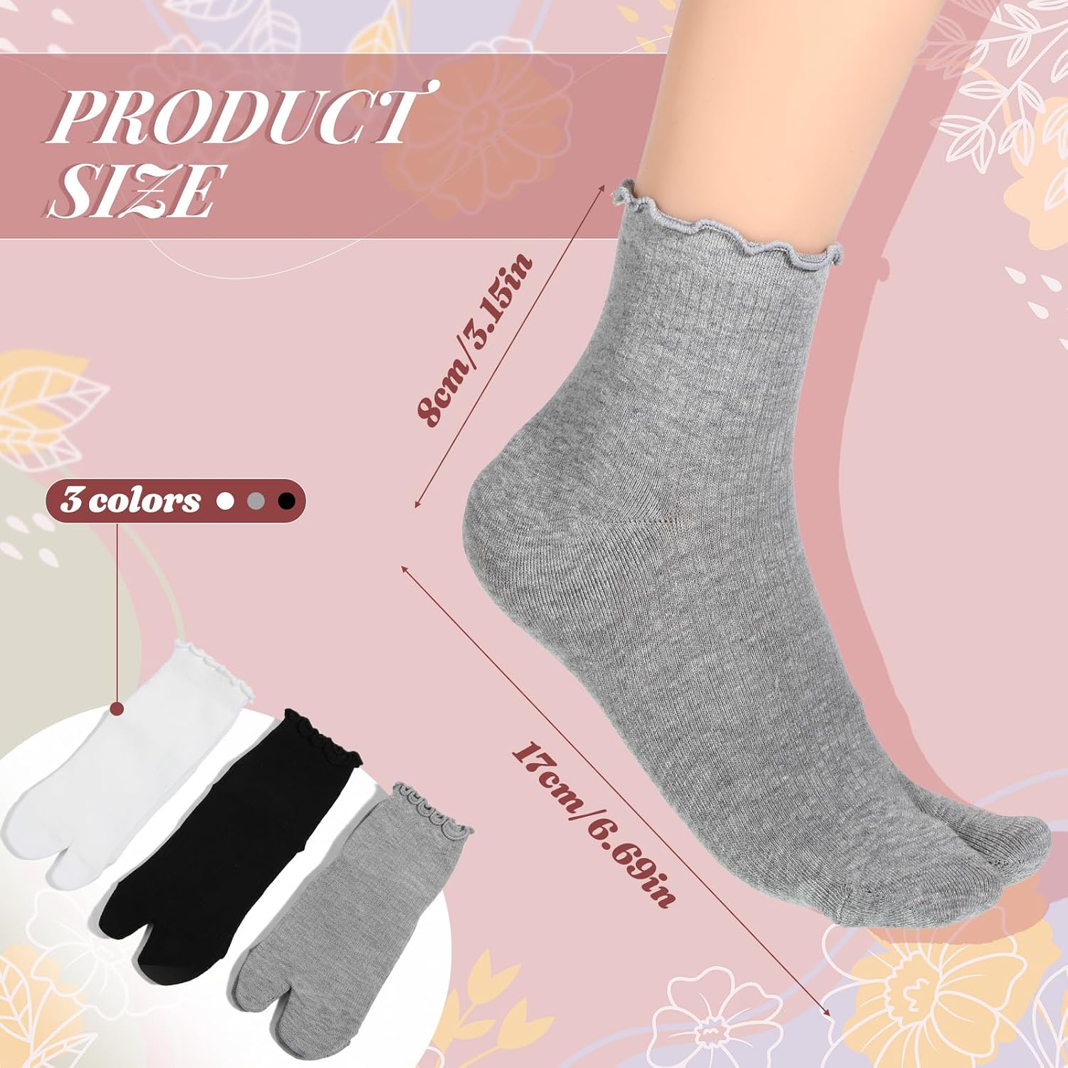 3 Pairs Split Toe Socks, Elastic Split Toe Flip Flop Frilly Socks Cotton Japanese Toes Separated Sock Comfortable Tabi Sock for Men Women Unisex(Black, White, Gray)