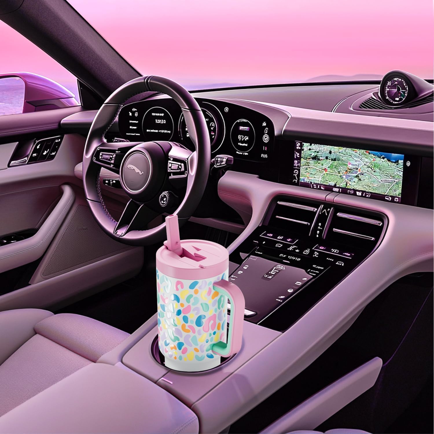 Meoky 32 oz Tumbler with Handle and Flip Straw, 100% Leakproof Tumbler with Lid and Straw, Stainless Steel Insulated Cup, Cupholder Friendly, Keeps Cold for 24 Hours (Leopard) - Image 6