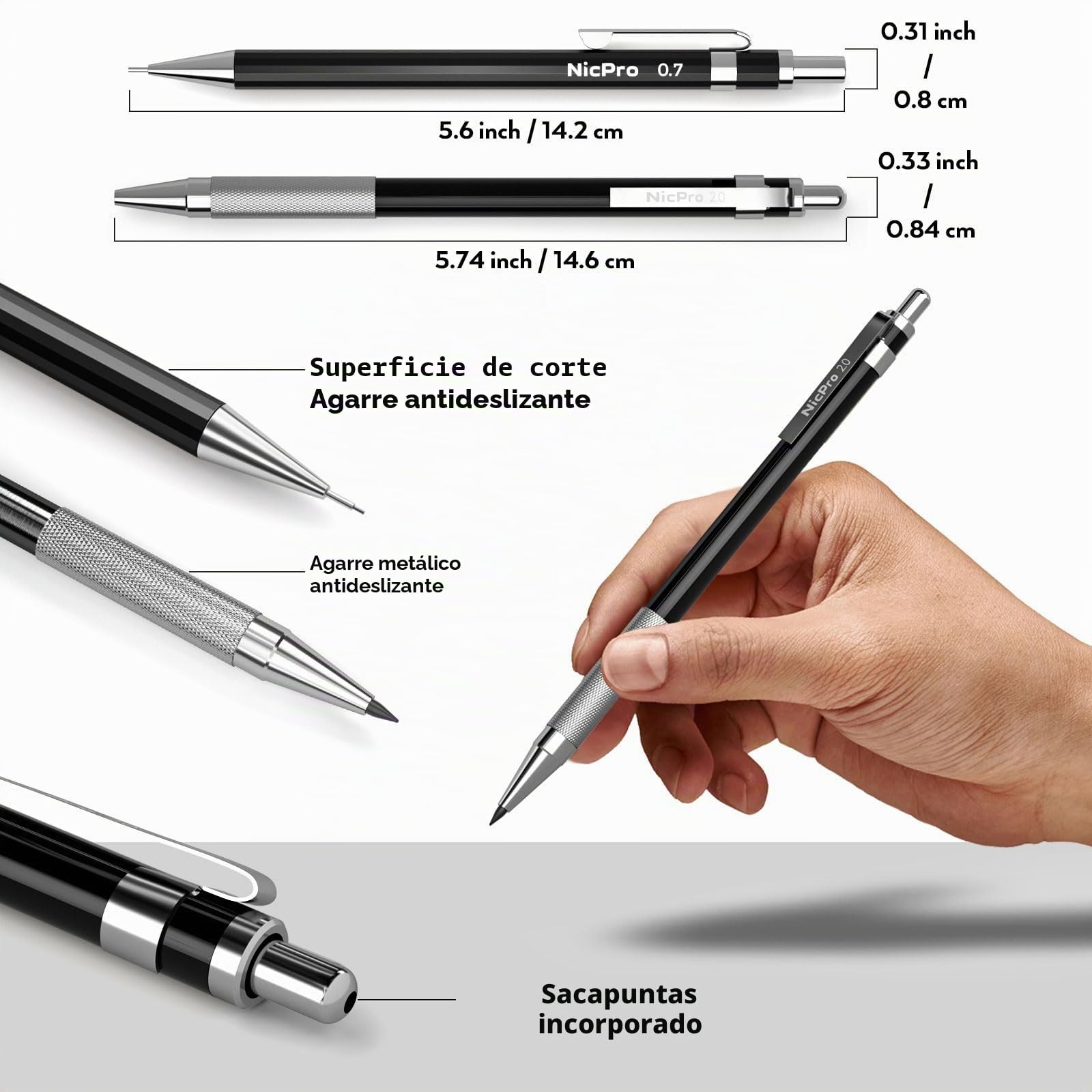 Nicpro 6 piezas portaminas de metal negro en estuche de cuero, lápiz de dibujo artístico 0.3 0.5 0.7 0.9 y 2 mm para escribir bocetos, incluye 18 tubos de recargas (6B 4B 2B HB 2H 4H colores)