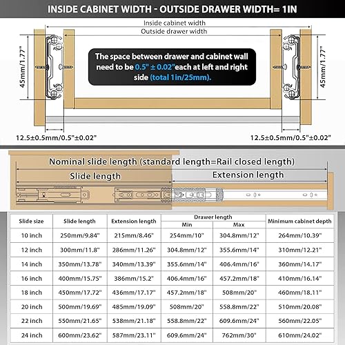 Miniatura 2 de YENUO Cajón de extensión completa de acero inoxidable con cierre suave para montaje lateral de 10, 12, 14, 16, 18, 20, 22, 24 pulgadas, guía de