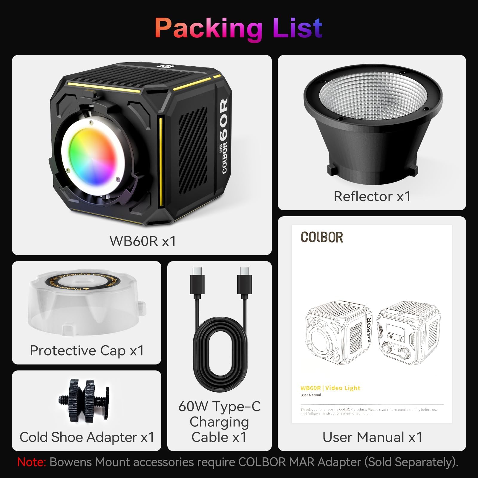 COLBOR - Luz de video LED de 60 W, luz COB RGBCW portátil con batería integrada de 59 Wh, 2700 K-6500 K bicolor y a todo color, CRI 96+, control de aplicación, compatible con alimentación PD/DC, luz