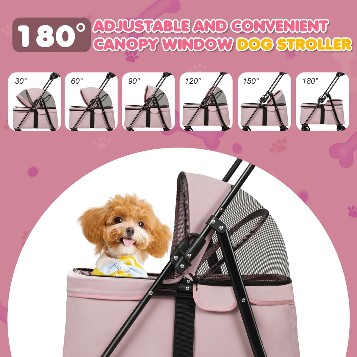 Dog Stroller, 4 Wheels Pet Stroller for Small Dogs & Cats, One-Click Foldable Cat Strollers Up to 33 Ibs with Sun Shades, Cup Holder and Breathable Mesh, Easy Assembly