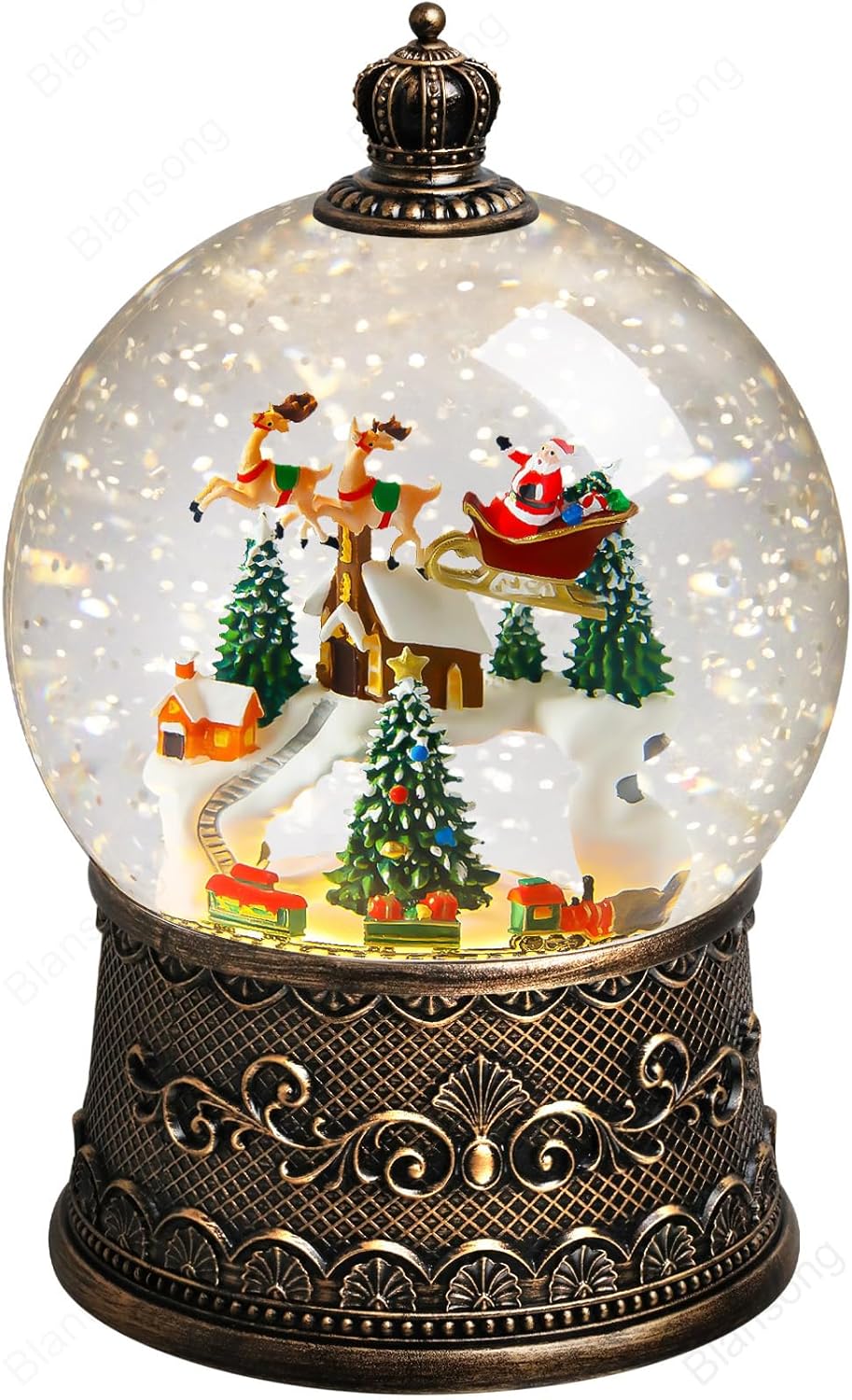 Snow Globe Christmas Decorations for Home Auto Snowfall Glitter Music Collection Santa Reindeer Train Snowy Village Scene with 6H Timer USB/Battery Powered 105mm Globe