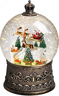 Christmas Snow Globe Christmas Decorations Indoor Gifts Auto Snowfall Glitter Music Collection Santa Reindeer Train Village Scene with 6H Timer USB/Battery Powered 105mm Globe
