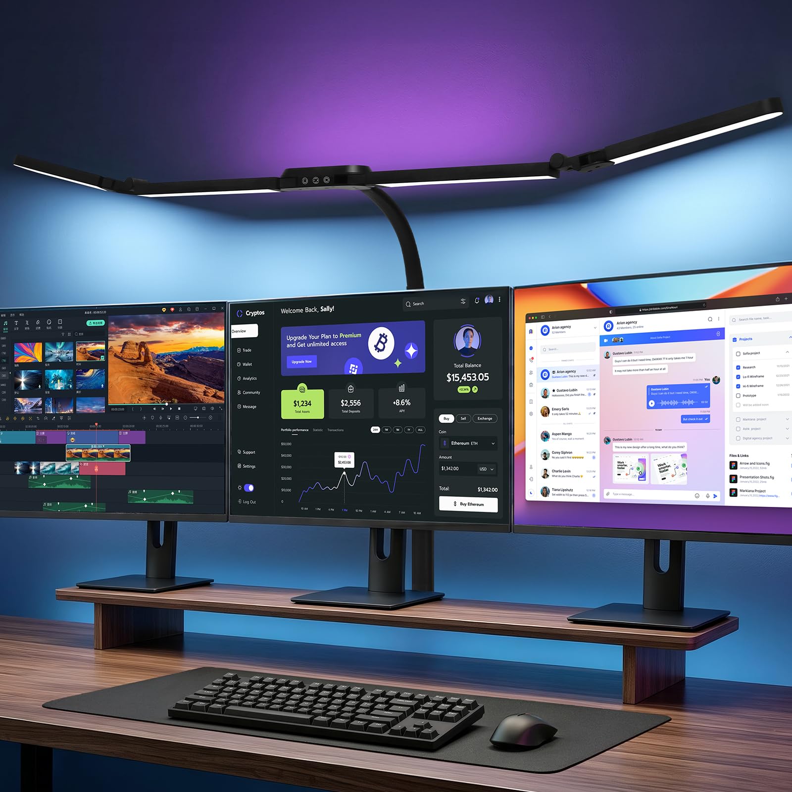 Schreibtischlampe mit RGB, 120cm LED Tischlampe mit Fernbedienung | Monitor Lampe klemmbar dimmbar für mehrere Monitore geeignet, Tageslichtlampe für Büro, Lesen, Architekten, Schneider