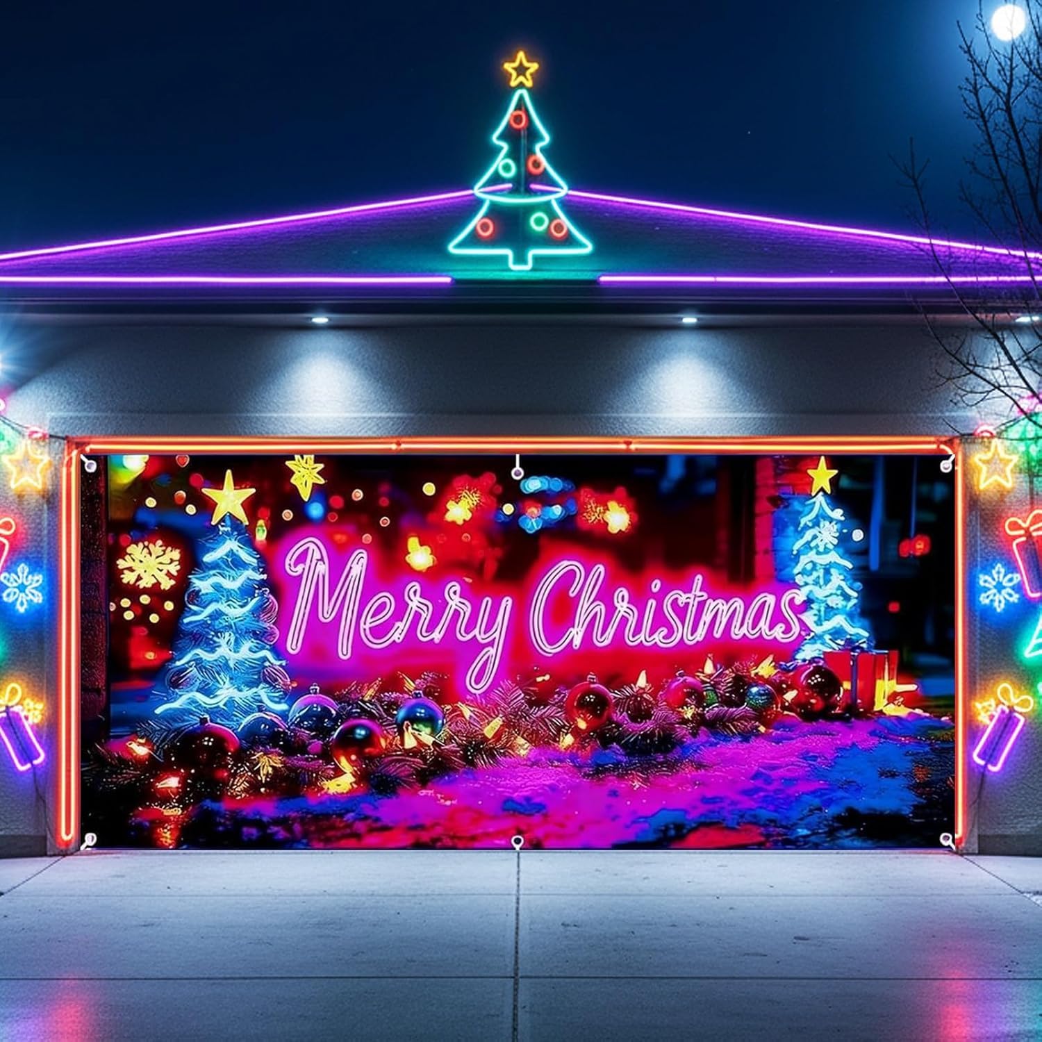Bannière de porte de garage de Noël extérieure phosphorescente 2D 4,9m