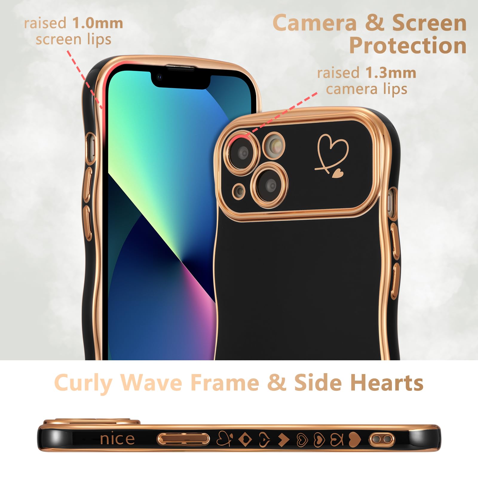 ZTOFERA IPhone 14 Plus Hülle – Weiches Silikon Mit Herz-Muster & Goldenem Rand
