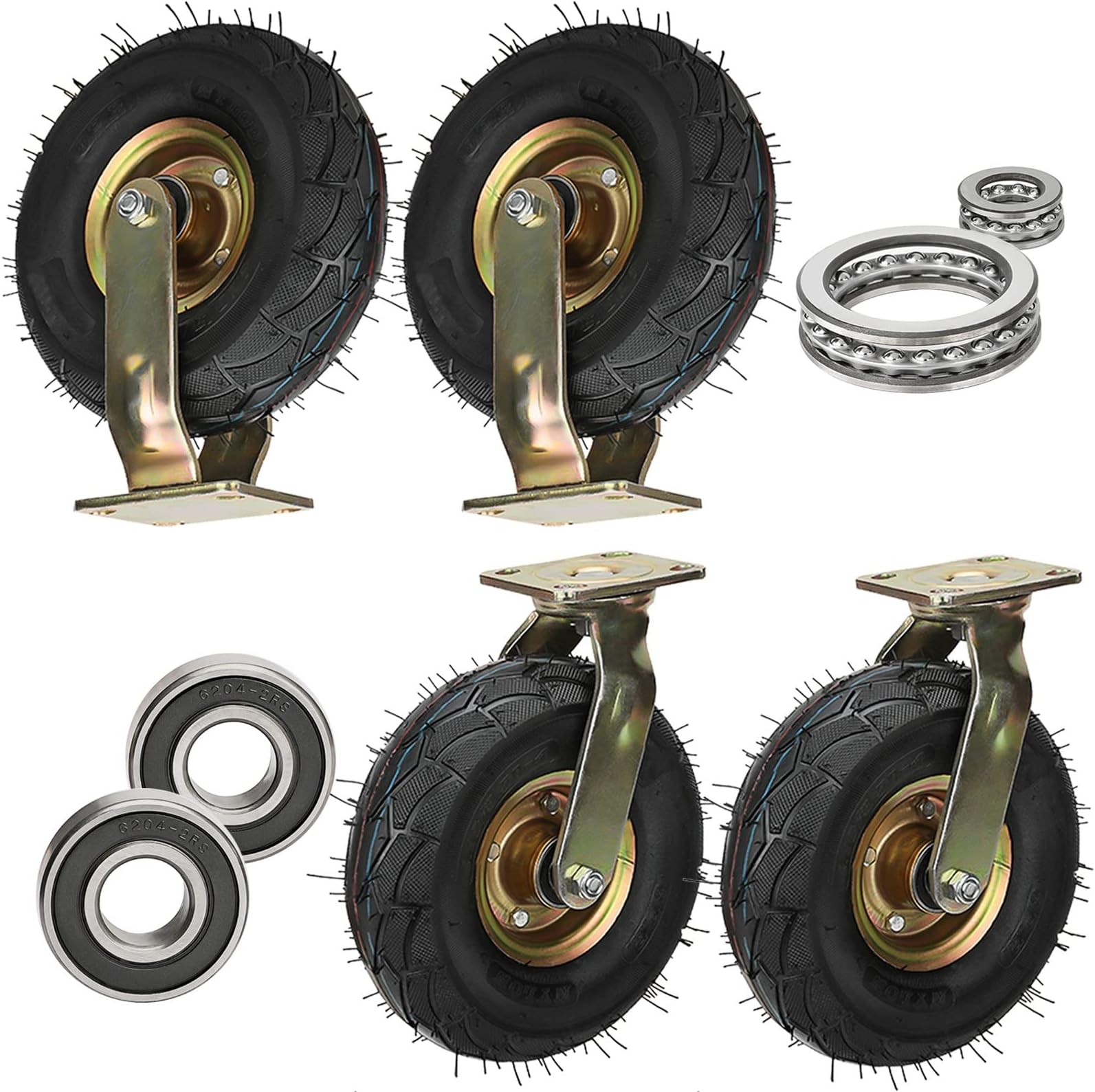 Heavy Duty Pneumatic Tyres Pack of 4 200mm & 250mm Diameter 800kg Load Capacity Silent Rubber Wheels with Axial Ball Bearings for Dining Trolleys Mechanicals