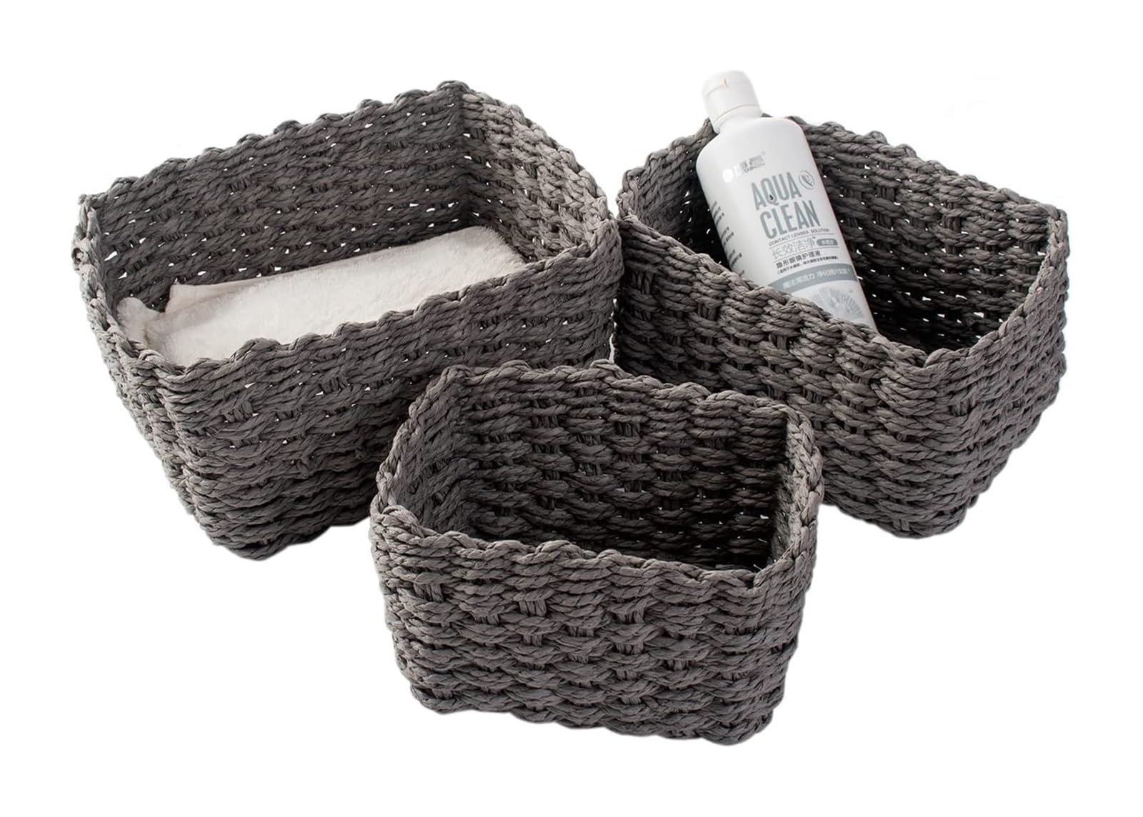 Set 3 Cestini Intrecciati Beige | Portaoggetti Per Bagno, Camera, Cucina | Organizer In Tessuto Con Fodera - Foto 7