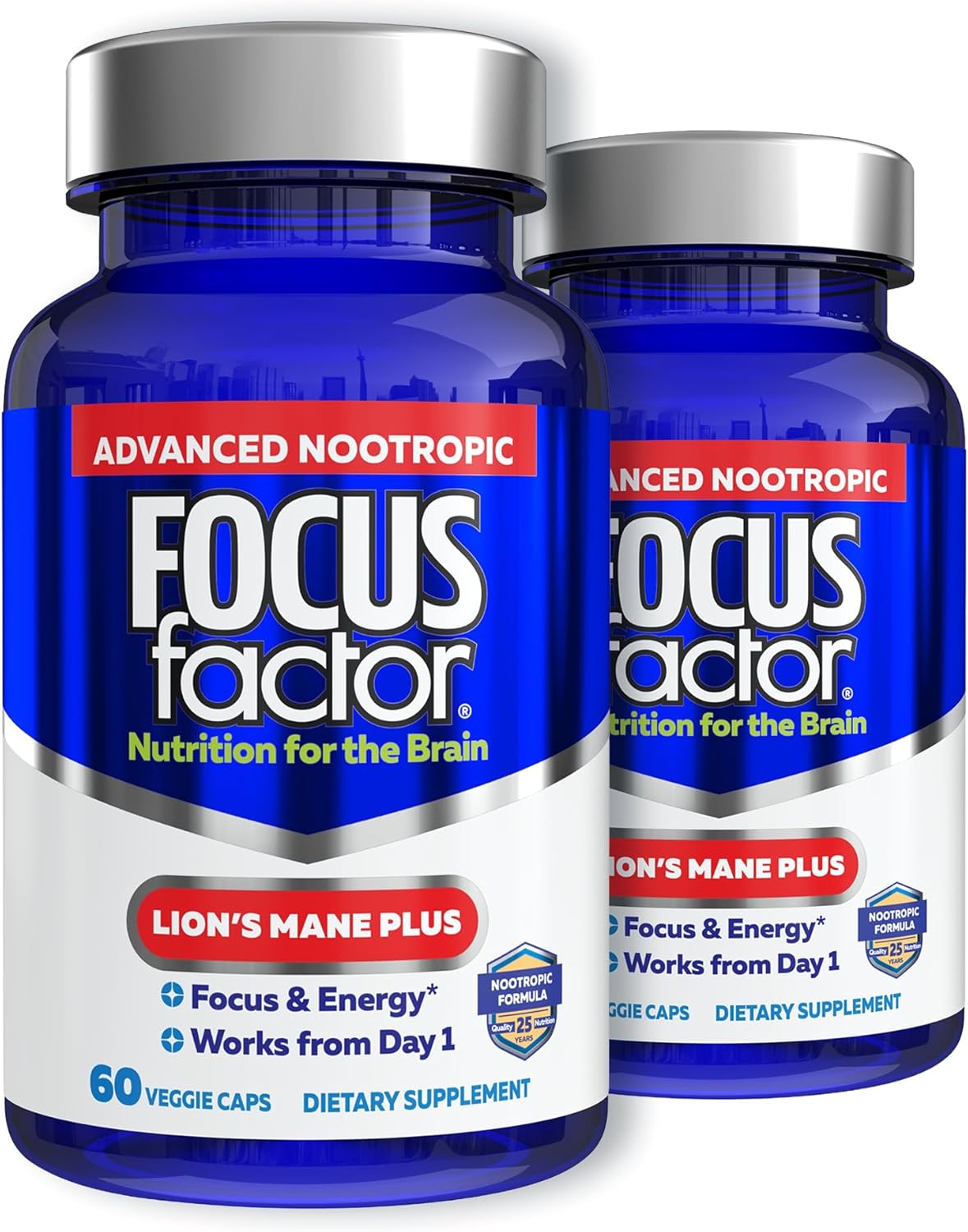Focus Factor Lions Mane Plus, Advanced Nootropic with L-Theanine, Caffeine, Focus and Energy (60 Count) (Pack of 2)
