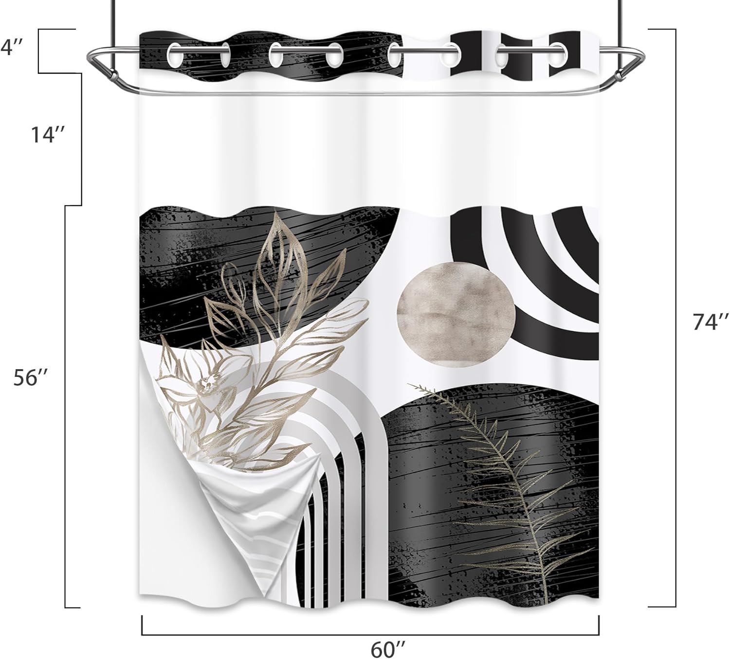 Boho Mid Century Modern Hookless Shower Curtain with Snap in Liner, Black and White Cool Grey Abstract No Hook Double Layer Shower Curtain and Liner Set, Waterproof Cloth Fabric, 60" W X 74" L