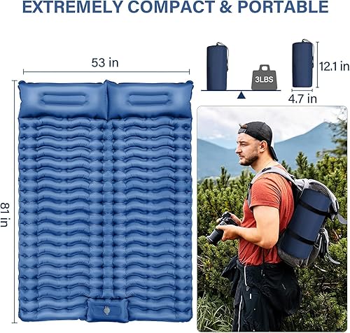 Miniatura 5 de Colchoneta doble para acampar Colchoneta de dormir autoinflable de 4 pulgadas con almohada integrada y bomba de pie, almohadilla de campamento