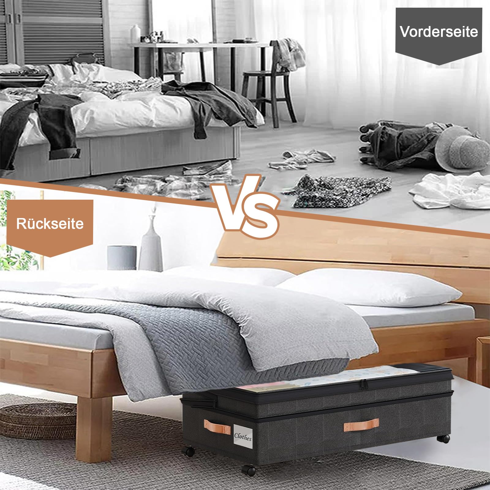 Lot de 2 boîtes de rangement sous le lit avec roulettes et couvercle, cadre en métal, pliable, pour vêtements, chaussures, couvertures, linge de lit