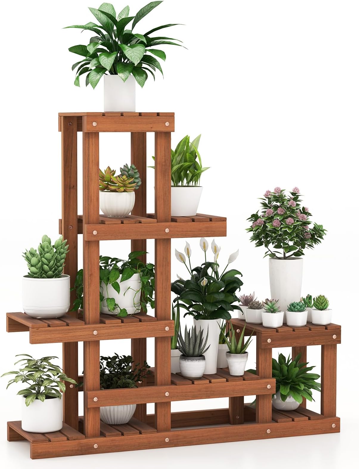 Yaheetech Blumenregal Holz 6 Ebenen Blumenständer Blumenbank mit Rädern